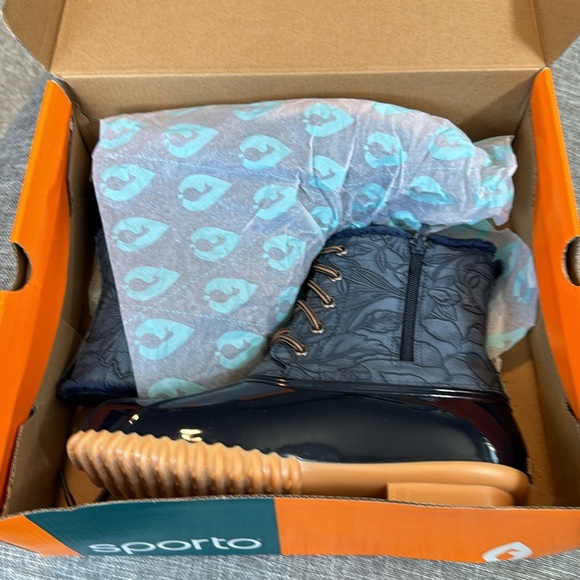 Sporto Navy Blue Floral Tooled Bella Waterproof Lace-Up Duck Boot Zipper… - Picture 3 of 8